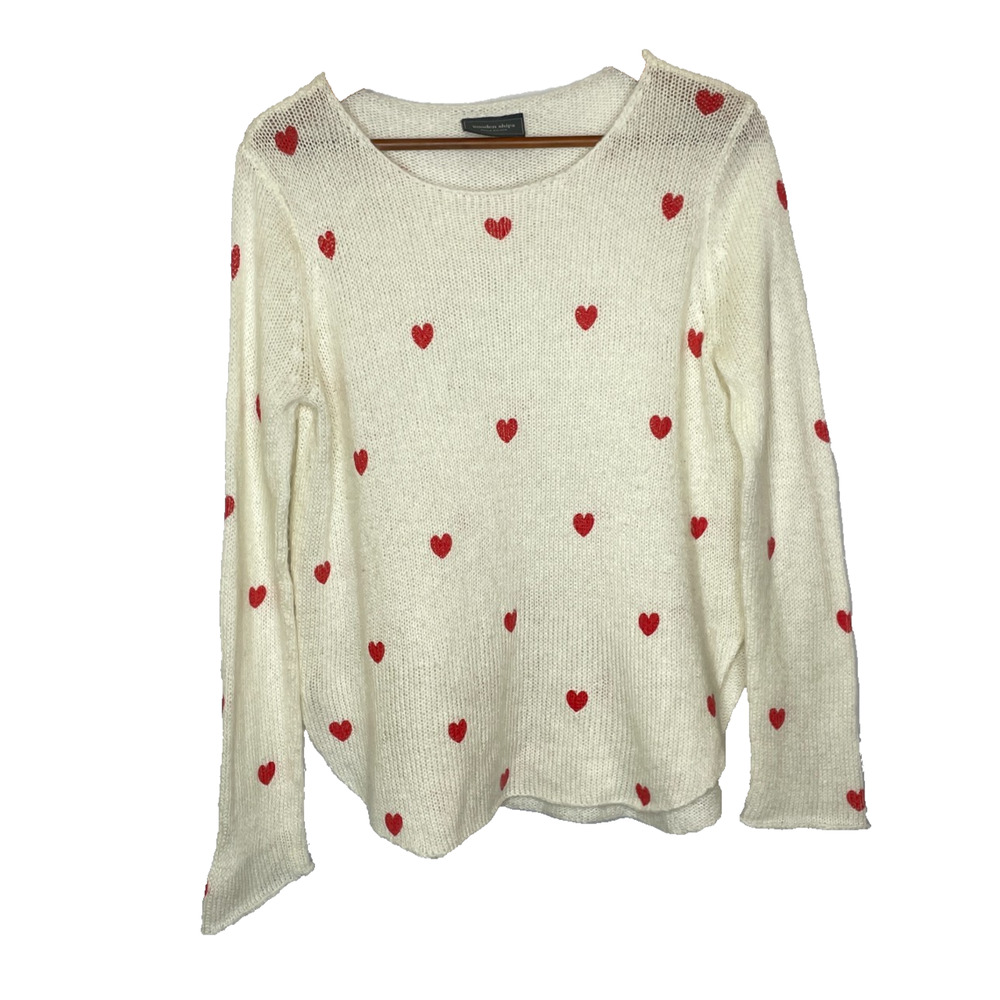 Women's Small Wooden Ships White Heart Print Scoop Neck Sweater Pullover